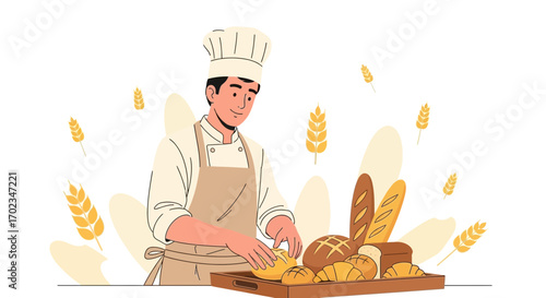 Baker Skillfully Arranges Freshly Baked Bread and Croissants on the Display Tray