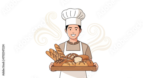 Baker Smiling With Freshly Baked Breads Displayed on a Wooden Tray for Sale