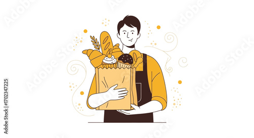 Baker Smilingly Holds Bag Of Fresh Pastries, Illustrating Bakery Commerce, Delivery Concept