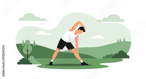 Active Male Engaging In Body Stretching Outdoors In A Quiet And Verdant Scenery Setting