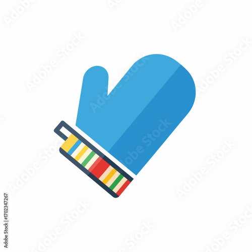 A blue mitten with a colorful striped cuff, depicted in a flat design style, isolated on a white background, symbolizing winter warmth.