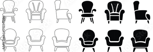 Chair icon set .Chair and Seating icons silhouettes vector design template. modern soft fabric office arm chairs, Dining Table Vector Line Icon office chair icons ergonomic designs