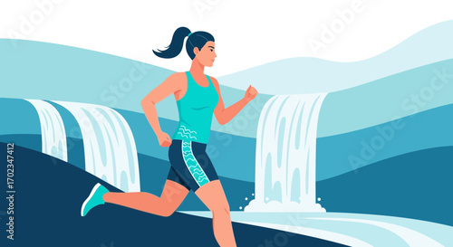 Active Woman Jogging Past Waterfalls in a Refreshing Mountainous Environment