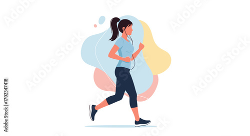 Active Woman Runs Outdoors Listening To Music With Abstract Background Illustration