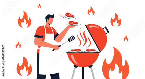 Barbecue Scene Showcasing Delicious Cooking Process. Artistic And Illustrative Culinary Concept