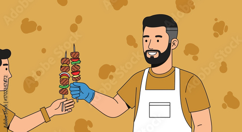 Barbecue Vendor Offering Skewered Food To A Customer, Food Stall Illustration