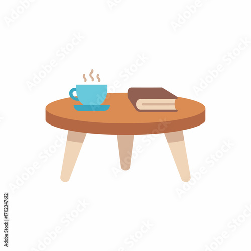 A flat design illustration of a small wooden coffee table with a steaming blue cup and a brown book.