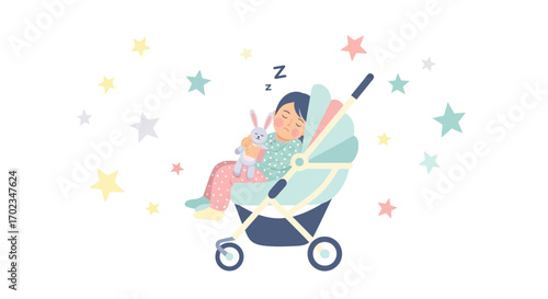 Adorable Baby Sleeping Comfortably Whilst Traveling In A Stroller Surrounded By Stars