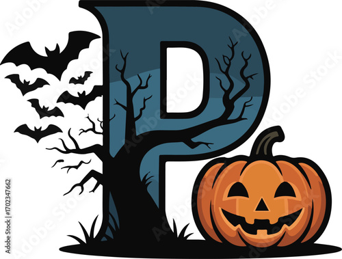 Spooky Halloween letter P with bats, tree, and grinning pumpkin for seasonal designs