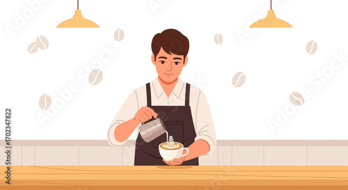 Barista Skillfully Pouring Milk Into Coffee Cup Creating Latte Art In Vector Illustration