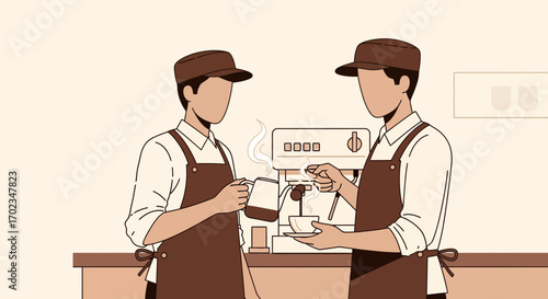 Baristas Crafting Exquisite Coffee Beverages Using Modern Equipment in Minimalist Style