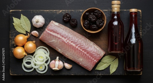 Traditional Balkan Fish Recipe Ingredients on a Dark Wooden Board