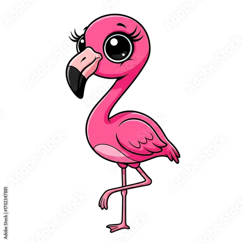 A cheerful, cartoonish illustration of a pink flamingo with large, expressive eyes.