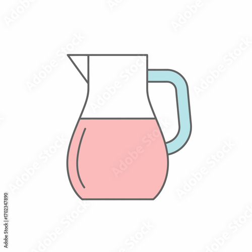 A simple line art illustration of a pitcher filled with pink liquid, featuring a light blue handle and spout on a white background.