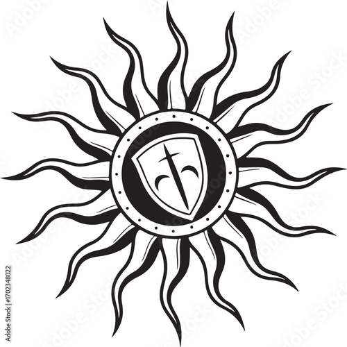 Black and white sun emblem with shield and sword symbol