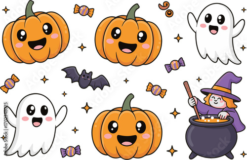Cute Halloween cartoon pumpkin characters and spooky kawaii ghost icons for holiday fun design