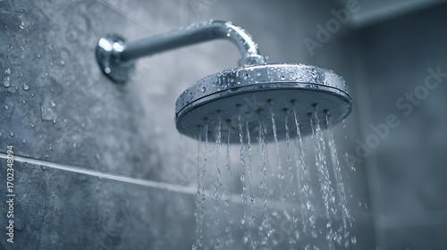 Shower arm with a rainfall showerhead actively dispensing water. Low flow shower head. Save water shower, shower drain. Head above water tile shower. Water jet plumbing shower dark. 