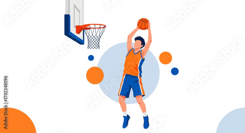 Basketball Player Shooting Ball Towards The Hoop With Artistic Vector Elements Visualization