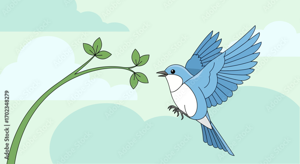 Fototapeta premium Bird Gliding Towards Green Branch Amidst Pastel Skies On Beautiful Sunny Day