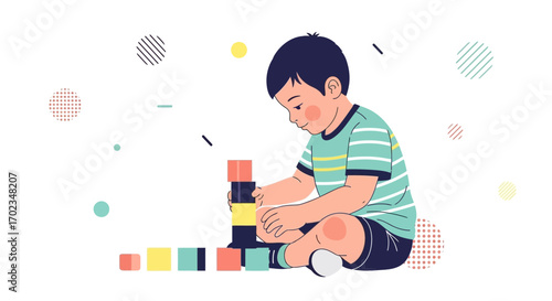 Adorable Child Playing With Colorful Blocks, Constructing a Tower, And Focusing Completely