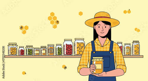 Beekeeper Presenting Fresh Honey Jars with a Variety of Preserved Foods on Shelf