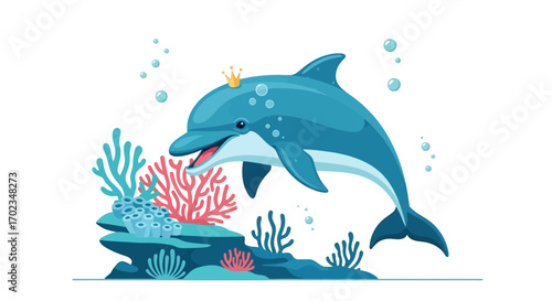 Adorable Dolphin Adorned With a Crown, Joyfully Displaying its Oceanic Habitat