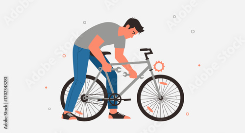 Bicycle Repairman Working On A Bike With Tools Isolated On White Background