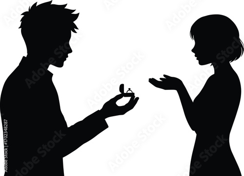 Silhouette of Man Proposing Marriage with Ring to Woman in Romantic Moment of Engagement, Love, Surprise, and Relationship Commitment