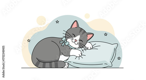 Adorable Feline Napping on Soft Pillow with Sky-Blue Background, Feeling Serene