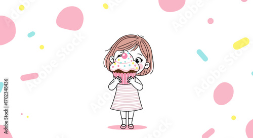 Adorable Girl Enjoying Exquisite Cupcake Against Pastel Background With Decorative Sprinkles