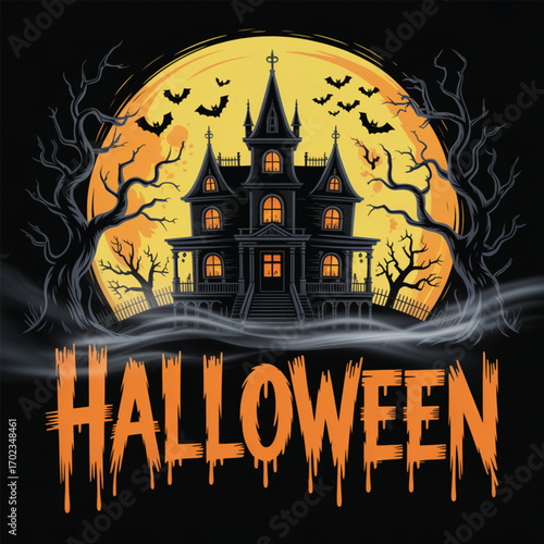 Spooky haunted house under full moon, Halloween night vector design for festive celebrations