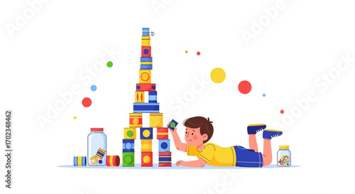 Boy Building a Tower with Colorful Blocks, Creative Playtime and Imagination Fun