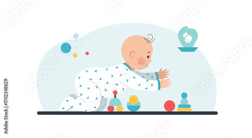 Adorable Infant Reaching For Toys In Playful Illustration With Pastel Colors