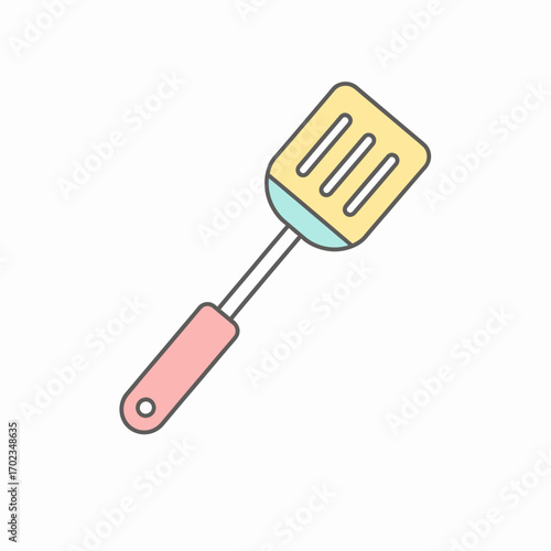 A cute, pastel-colored cartoon kitchen spatula with a slotted yellow head and a pink handle on a white background.