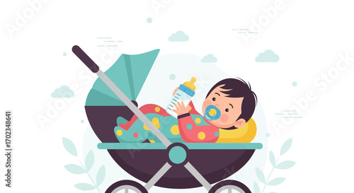 Adorable Infant Relaxing In Pram While Feeding With a Bottle on a White Background