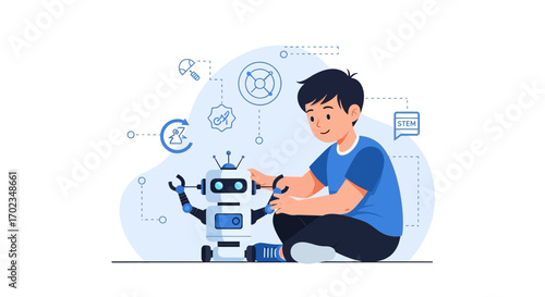 Boy Learning Robotics With His Robot Friend Demonstrating Technological Advancement