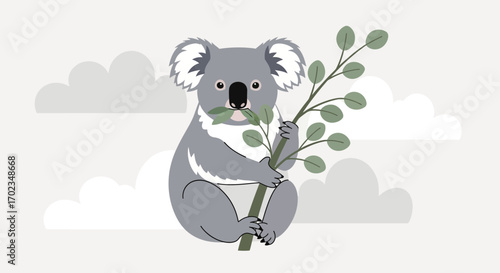 Adorable Koala Eating Eucalyptus Leaves, Surrounded By Clouds, Cartoon Illustration
