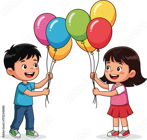 Happy boy and girl holding colorful balloons, smiling children playing together, cheerful kids celebrating, fun outdoor party, joyful childhood moments