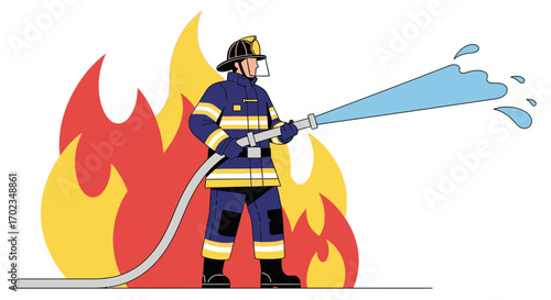 Brave Firefighter Battling Blaze Spraying Water In Order To Extinguish Flames And Save Lives