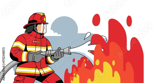 Brave Firefighter Combatting Inferno with Courage and Skill in Vector Illustration