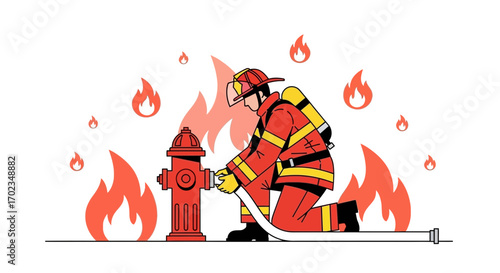 Brave Firefighter Connecting Hose to Hydrant Amidst Flames, Facing Emergency Situation