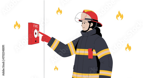 Brave Firefighter Activating Fire Alarm During An Emergency Situation Illustrated