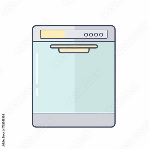 Flat design illustration of a modern kitchen dishwasher appliance.