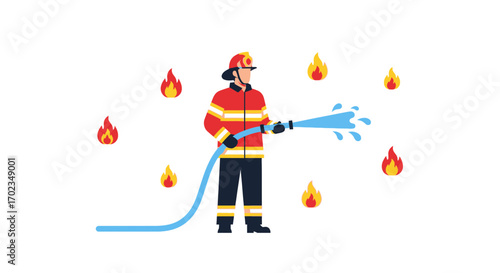 Brave Firefighter Extinguishing Flames Using Water Hose Ready To Save Lives In Emergency