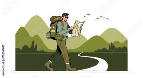 Adventurer Navigating A Trail, Journeying Through Lush Green Landscapes, Exploring Nature