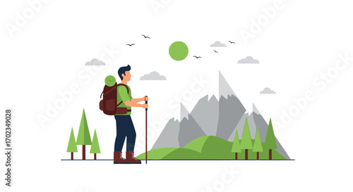 Adventurer In Wilderness, Illustrative Depiction Of Hiking Activity Amidst Mountains