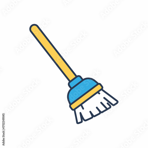 A simple cartoon illustration of a broom with a yellow handle and blue head, used for cleaning floors.