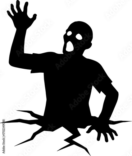 Half-buried human zombie rising from cracked grave vector with white background 