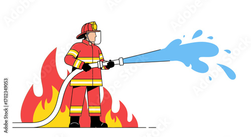Brave Firefighter Fighting Flames With Water, Determined to Extinguish the Inferno Successfully