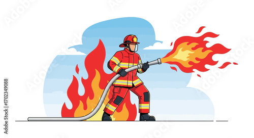 Brave Firefighter Heroically Battling Flames With Powerful Water Blast To Extinguish Blazing Inferno